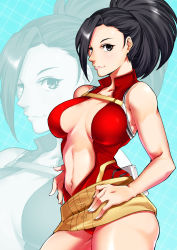 Rule 34 | 10s, 1girl, absurdres, belt, belt skirt, black eyes, black hair, blue background, boku no hero academia, breasts, breasts apart, center opening, cleavage, cowboy shot, fingernails, from side, grid background, hands on own hips, highres, jonozaki, large breasts, leotard, long fingernails, looking at viewer, midriff, navel, ponytail, red leotard, revealing clothes, smile, solo, standing, stomach, yaoyorozu momo, zoom layer