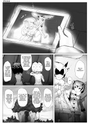Rule 34 | 10s, 2girls, ?, aged down, comic, english text, eurasian eagle owl (kemono friends), frankseven, greyscale, head wings, highres, kemono friends, monochrome, multiple girls, northern white-faced owl (kemono friends), photo (object), shaded face, short hair, tears, wings