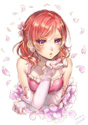 Rule 34 | 10s, 1girl, 2015, bare shoulders, blowing kiss, blush, dated, earrings, elbow gloves, flower, flower earrings, gloves, hair flower, hair ornament, jewelry, lma, looking at viewer, love live!, love live! school idol festival, love live! school idol project, nishikino maki, parted lips, petals, pink gloves, purple eyes, red hair, short hair, signature, simple background, solo, upper body