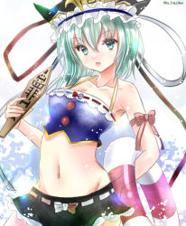 Rule 34 | 1girl, adapted costume, asymmetrical hair, black hat, black skirt, bow, buoy, frilled hat, frills, green eyes, green hair, groin, hajike akira, hat, highres, holding, holding swim ring, innertube, looking at viewer, navel, one-hour drawing challenge, open mouth, red bow, rod of remorse, shiki eiki, short hair, simple background, skirt, solo, swim ring, swimsuit, touhou, twitter username, white background