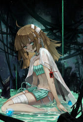 Rule 34 | 1girl, aa-12 (girls&#039; frontline), ahoge, aqua eyes, aquarzaaa, bandage on face, bandaged head, bandaged leg, bandages, bandaid, bandaid on face, bandaid on nose, barefoot, breasts, brown hair, cleavage, expressionless, full body, girls&#039; frontline, girls&#039; frontline neural cloud, green eyes, highres, in water, long hair, looking at viewer, midriff, navel, sitting, small breasts, solo, wariza, water, wire