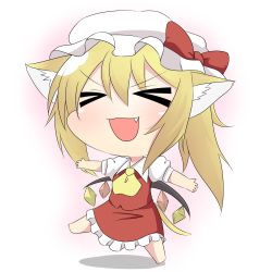 Rule 34 | &gt;:d, &gt; &lt;, 1girl, :d, animal ears, cat ears, cat tail, chibi, closed eyes, fang, flandre scarlet, hat, kemonomimi mode, open mouth, smile, solo, tail, touhou, twumi, v-shaped eyebrows, wings, xd