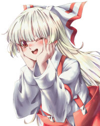 Rule 34 | 1girl, blush, bow, collar, collared shirt, fujiwara no mokou, hair between eyes, hair bow, hands on own face, hands up, highres, isagi, long hair, long sleeves, looking at viewer, one eye closed, open mouth, pants, red bow, red eyes, red pants, shirt, smile, solo, teeth, tongue, touhou, two-tone bow, white bow, white hair, white shirt