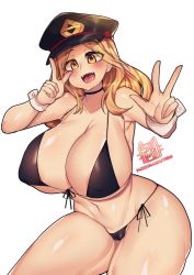 Rule 34 | 10s, 1girl, alternate breast size, areola slip, bikini, black bikini, black hat, blonde hair, blush, boku no hero academia, breasts, choker, cleavage, cowboy shot, curvy, eyes visible through hair, hat, huge breasts, long hair, looking at viewer, open mouth, osiimi, peaked cap, shiny skin, side-tie bikini bottom, simple background, smile, solo, swimsuit, thick thighs, thighs, utsushimi kemii, v, white background, wide hips, wrist cuffs, yellow eyes