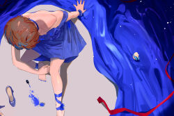 Rule 34 | 1girl, absurdres, bare shoulders, barefoot, blue choker, blue dress, blue nails, blue ribbon, brown hair, choker, commentary, dress, egg, english commentary, foot out of frame, from above, highres, nail polish, nail polish bottle, nail polish brush, okpriko, red ribbon, ribbon, sawaki momoe, shoes, short hair, solo, unworn shoes, wonder egg priority