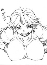 Rule 34 | 1girl, ballpoint pen (medium), bracelet, breasts, collarbone, dr.p, covered erect nipples, eyelashes, fang, female focus, greyscale, grin, horns, hoshiguma yuugi, jewelry, large breasts, looking at viewer, monochrome, single horn, smile, solo, touhou, traditional media, tsurime