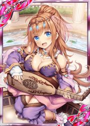 Rule 34 | 1girl, :d, akkijin, arabian clothes, armpits, bare shoulders, blue eyes, breasts, brown hair, card (medium), hair ornament, harem outfit, harem pants, indoors, instrument, jewelry, large breasts, long hair, looking at viewer, lute (instrument), official art, open mouth, pants, ponytail, scheherazade (shinkai no valkyrie), shinkai no valkyrie, smile, solo, veil