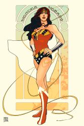 Rule 34 | 1girl, absurdres, amazon warrior, art nouveau, boots, character name, dc comics, hands on own hips, highres, lasso, leotard, nail polish, red footwear, shoes, solo, standing, star (symbol), star print, tiara, vambraces, wonder woman, wonder woman (series)
