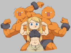 Rule 34 | 1girl, :p, abs, biceps, blonde hair, cuffs, double biceps pose, etrian odyssey, f.o.e., flexing, long hair, muscular, muscular female, muscular male, paladin (sekaiju), sekaiju no meikyuu, sekaiju no meikyuu 1, shackles, sports bra, tongue, tongue out, turtleneck