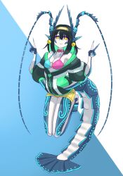 Rule 34 | 1girl, :3, antennae, arthropod girl, bikini, bikini top only, black hair, blue background, blue nails, blue skin, body markings, breasts, carapace, closed mouth, collar, colored inner hair, colored skin, commentary, extra arms, fingernails, full body, green hair, green jacket, halterneck, hands in pockets, hands up, highres, jacket, looking at viewer, medium breasts, multicolored hair, multicolored skin, open clothes, original, pointy ears, puffy sleeves, red collar, sharp fingernails, shrimp girl, simple background, solo, swimsuit, symbol-only commentary, tail, toipokun oyashi, v, white background, white skin, yellow eyes