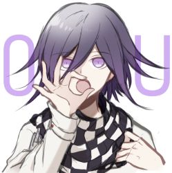 Rule 34 | 1boy, :o, checkered clothes, checkered neckwear, checkered scarf, commentary request, danganronpa (series), danganronpa v3: killing harmony, hair between eyes, hands up, jacket, long sleeves, looking at viewer, male focus, ok sign, open mouth, oral invitation, oma kokichi, purple eyes, purple hair, qiao xing, scarf, simple background, sketch, solo, upper body, white background, white jacket