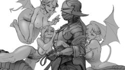 Rule 34 | 1boy, 3girls, absurdres, armor, breastplate, closed mouth, demon girl, demon tail, female pubic hair, flying, from side, greyscale, helm, helmet, highres, horns, hug, hug from behind, monochrome, multiple girls, nipples, original, pubic hair, riding, simple background, smile, tail, wass nonnam, white background, wings