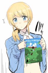 Rule 34 | 1girl, ^^^, blonde hair, blue eyes, blush, book, ellen baker, english text, jacket, looking at viewer, new horizon, open clothes, open jacket, piaisai, ponytail, solo