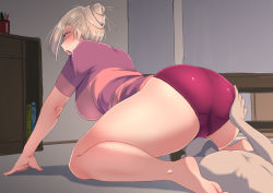 Rule 34 | 1girl, all fours, ass, barefoot, blonde hair, blush, boku to mama no toumei ningen gokko, breasts, clothed female nude male, cunnilingus, dress, faceless, faceless male, groin, hair bun, huge ass, indoors, inner map, large breasts, legs, looking back, lying, mature female, nude, open mouth, oral, original, panties, pink panties, single hair bun, striped clothes, striped dress, thighs, underwear, yellow eyes