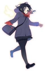 Rule 34 | 1girl, bag, black footwear, black hair, black pantyhose, blue eyes, blush, bow, demon wings, detached wings, flat chest, fringe trim, full body, gloves, hood, hooded jacket, jacket, loafers, mattaku mousuke, miniskirt, original, outstretched arms, pantyhose, plaid, plaid skirt, pleated skirt, red bow, red gloves, red scarf, scarf, shoes, shoulder bag, simple background, skirt, solo, upskirt, walking, white background, wings