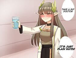 Rule 34 | 1girl, abineko, arknights, blush, breasts, closed mouth, collarbone, commentary, cup, drinking glass, elf, english text, green hair, hair ornament, half-closed eyes, highres, holding, holding cup, jacket, long hair, long sleeves, medium breasts, meme, mole, mole under eye, muelsyse (arknights), nose blush, orange eyes, pointy ears, smile, solo, speech bubble, sweat, white jacket, you can just give this kind of thing to men and they will be thrilled (meme)