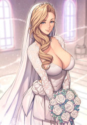 Rule 34 | 1girl, azur lane, blonde hair, blue eyes, bouquet, breasts, bridal veil, cleavage, collarbone, dress, earrings, flower, highres, holding, holding bouquet, hood (azur lane), hood (rosey love poem) (azur lane), jewelry, lace, large breasts, lips, long hair, mature female, necklace, oda non, pearl necklace, pillar, see-through, solo, swept bangs, tiara, veil, wedding dress, white dress, window