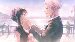 Rule 34 | 1boy, 1girl, blush, collared shirt, food, from side, gelato (food), highres, holding, holding food, husband and wife, jacket, long hair, long sleeves, looking at viewer, necktie, nyan5000, red necktie, shirt, short hair, short sleeves, sidelocks, spy x family, twilight (spy x family), upper body, white shirt, wiping mouth, yor briar
