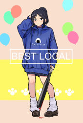 Rule 34 | 1girl, absurdres, arm at side, balloon, baseball bat, black eyes, black hair, black skirt, blood, bloody weapon, blue hoodie, blush, brown background, chihiro (jimoto saikou), english text, full body, hand in own hair, hand up, high ponytail, highres, holding, holding baseball bat, hood, hood down, hoodie, jimoto saikou, leg warmers, light frown, loafers, long sleeves, looking at viewer, onigiri print, oshiri seijin, pigeon-toed, pleated skirt, print hoodie, shoes, short ponytail, skirt, solo, standing, weapon