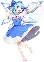 Rule 34 | :d, ahoge, arm up, blouse, blue bow, blue dress, blue eyes, blue hair, blue nails, blush, bow, buttons, cirno, clothes lift, collared shirt, commentary request, dress, dress shirt, full body, gunjou row, hair bow, hands up, highres, ice, ice wings, leg up, looking at viewer, nail polish, neck ribbon, ok sign, open mouth, outstretched arm, outstretched hand, pinafore dress, puffy short sleeves, puffy sleeves, red ribbon, ribbon, shirt, short hair, short sleeves, sidelocks, simple background, skirt, skirt lift, sleeveless dress, smile, standing, standing on one leg, teeth, toenail polish, toenails, touhou, upper teeth only, v, v-shaped eyebrows, white background, white shirt, wings
