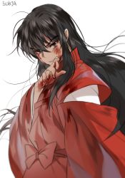 Rule 34 | 1boy, alternate form, artist name, black hair, blood, blood on face, brown eyes, inuyasha, inuyasha (character), inuyasha (human), japanese clothes, long hair, male focus, simple background, solo, sukja, teeth