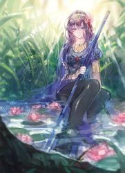 Rule 34 | 1girl, armlet, black leggings, bracelet, earrings, fate/grand order, fate (series), flower, grass, hair flower, hair ornament, highres, indian clothes, jewelry, leggings, long hair, looking at viewer, matou sakura, pantyhose, partially submerged, parvati (fate), polearm, purple eyes, purple hair, ratcy (ansuta rm), sitting, smile, solo, water, weapon