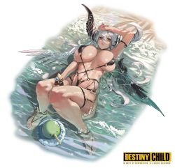 Rule 34 | 1girl, absurdres, animal, bird, black one-piece swimsuit, black wings, breasts, destiny child, hair between eyes, highres, horns, huge breasts, innertube, khepri (destiny child), logo, long hair, looking at viewer, lying, o-ring, o-ring swimsuit, official art, on back, one-piece swimsuit, parted lips, partially submerged, sand, striped horns, swim ring, swimsuit, water, wet, white hair, white wings, wings, wonchun