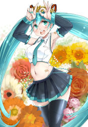 Rule 34 | 1girl, :d, aqua eyes, aqua hair, aqua nails, aqua necktie, arched back, armpits, bad hands, bare shoulders, black skirt, blush, breasts, cowboy shot, detached sleeves, floral background, flower, hair flower, hair ornament, halterneck, hatsune miku, highres, kntrs (knyrs), long hair, long sleeves, looking at viewer, medium breasts, nail polish, navel, necktie, open mouth, penetration gesture, pleated skirt, round teeth, shirt, skirt, smile, solo, stomach, teeth, thighhighs, very long hair, vocaloid, white shirt, wide sleeves, zettai ryouiki