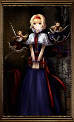 Rule 34 | 1girl, alice margatroid, apron, blonde hair, blue eyes, book, bow, capelet, doll, dual wielding, female focus, flying, framed, grimoire, grimoire of alice, hair bow, hairband, highres, holding, hourai doll, lance, long hair, painting (object), polearm, shanghai doll, short hair, smile, solo, standing, touhou, v arms, vetina, waist apron, weapon, wrist cuffs