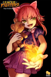 Rule 34 | 1girl, 2gold, :d, animal ears, annie (league of legends), black background, blue shirt, cat ears, fake animal ears, fang, fangs, fire, green eyes, league of legends, open mouth, pink hair, puffy sleeves, purple skirt, shirt, short hair, short hair with long locks, short sleeves, skirt, smile, solo, stuffed animal, stuffed toy, teddy bear