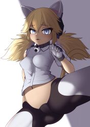 Rule 34 | 1girl, absurdres, android, animal ears, betty (neural cloud), blonde hair, blue eyes, blush, bottomless, breasts, cat ears, cat tail, collar, commentary, girls&#039; frontline, girls&#039; frontline neural cloud, highres, idw (girls&#039; frontline), impossible clothes, long hair, looking at viewer, mechanical hands, mechanical legs, medium breasts, navel, parted lips, shadow, shirt, simple background, sleeves rolled up, slit pupils, smile, solo, spread legs, tail, twintails, white background, white shirt, yonao