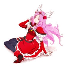 Rule 34 | 1girl, arm support, armor, black pantyhose, cure passion, detached sleeves, dress, floating hair, fresh precure!, frilled dress, frilled sleeves, frills, hair ornament, hand in own hair, heart, heart hair ornament, higashi setsuna, high heels, layered dress, long hair, long sleeves, looking at viewer, nita (onakatohoppe), pantyhose, parted bangs, parted lips, pink hair, precure, red dress, red eyes, red sleeves, shoulder armor, simple background, sitting, sleeveless, sleeveless dress, solo, very long hair, white background