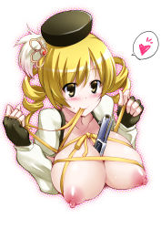 Rule 34 | 10s, 1girl, between breasts, blonde hair, blush, bow, breasts, breasts out, c.r., drill hair, elbow gloves, fingerless gloves, gloves, gun, hair ornament, hat, heart, highres, huge breasts, large breasts, magical musket, mahou shoujo madoka magica, mahou shoujo madoka magica (anime), mouth hold, nipples, puffy nipples, ribbon, smile, solo, spoken heart, tomoe mami, twin drills, twintails, weapon, yellow eyes