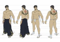 Rule 34 | 1boy, abs, ass, back tattoo, bara, black hair, blonde hair, bulge, character sheet, dark-skinned male, dark skin, facial hair, facial scar, flat color, from behind, full body, hakama, hakama pants, hip vent, japanese clothes, large pectorals, magatama, magatama necklace, male focus, mature male, multicolored hair, multiple views, muscular, muscular male, navel, necklace, ninja (yzpyn), nipples, original, pants, pectorals, scar, scar on cheek, scar on face, short hair, sideburns, stomach, streaked hair, stubble, tattoo, thick thighs, thighs, topless male, yzpyn