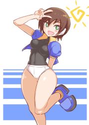Rule 34 | 1girl, aile (mega man zx), blush, breasts, brown hair, commentary, cougar (cougar1404), green eyes, looking at viewer, medium breasts, open mouth, panties, robot ears, mega man (series), mega man zx, short hair, skin tight, smile, solo, underwear, white panties, wide hips