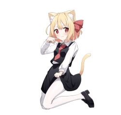 Rule 34 | 1girl, animal ear fluff, animal ears, black footwear, black skirt, black vest, blonde hair, breasts, cat ears, cat girl, cat tail, closed mouth, collared shirt, commentary request, fang, fang out, finger to cheek, full body, hand up, hino (yuruyurukoubou), kemonomimi mode, long sleeves, looking at another, medium hair, necktie, pantyhose, red eyes, red necktie, rumia, shirt, skirt, skirt set, small breasts, solo, tail, touhou, vest, white pantyhose, white shirt