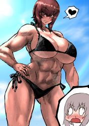 Rule 34 | 0 0, abs, absurdres, bikini, black bikini, blood, blue sky, blush, bougainvillea (unnryuu), breasts, brown eyes, brown hair, cleavage, closed mouth, commentary, cowboy shot, day, girls und panzer, grey hair, halterneck, hand on own hip, heart, highres, huge breasts, itsumi erika, looking at viewer, muscular, muscular female, navel, nishizumi maho, nosebleed, outdoors, short hair, side-tie bikini bottom, sky, smile, solo focus, spoken heart, standing, sweatdrop, swimsuit, wet