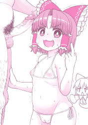 Rule 34 | 1boy, 1girl, :3, :d, bikini, blush, bob cut, bow, breasts, bright pupils, cameltoe, censored, character request, chibi, chibi inset, cleft of venus, cookie (touhou), erection, fang, frilled bow, frills, hair bow, hair tubes, hakurei reimu, height difference, hetero, imminent fellatio, inverted nipples, leonardo 16sei, looking at viewer, male pubic hair, medium hair, middle finger, monochrome, mosaic censoring, nippleless clothes, open mouth, penis, pink theme, pubic hair, side-tie bikini bottom, simple background, small breasts, smile, swimsuit, touhou, trembling, white background, white pupils