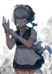 Rule 34 | 1girl, absurdres, apron, back bow, backlighting, blood, blood on face, blue eyes, blue skirt, blue vest, bow, breasts, closed mouth, cowboy shot, gloves, green ribbon, grey hair, highres, izayoi sakuya, looking at viewer, maid, maid headdress, medium hair, neck ribbon, puffy short sleeves, puffy sleeves, ribbon, serious, shirt, short sleeves, simple background, skirt, skirt set, small breasts, solo, sotatsudraw, thighs, touhou, v-shaped eyebrows, vest, waist apron, white apron, white background, white gloves, white shirt