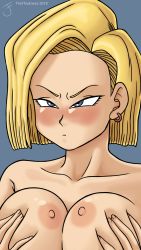 Rule 34 | 1girl, android 18, blonde hair, blue eyes, breasts, dragon ball, dragonball z, female focus, highres, nipples, text focus, thethickness