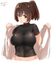 Rule 34 | 10s, 1girl, blush, breasts, brown eyes, brown hair, ise (kancolle), isshiki (ffmania7), japanese clothes, kantai collection, kimono, large breasts, long hair, looking at viewer, open clothes, open kimono, open mouth, ponytail, skin tight, solo, undershirt, undressing, upper body