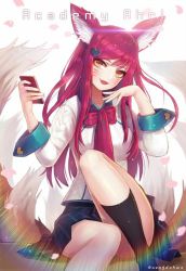Rule 34 | 1girl, academy ahri, ahri (league of legends), alternate hair color, animal ears, bad id, bad pixiv id, black legwear, facial mark, fox ears, fox tail, hair ornament, hairclip, heart, heart hair ornament, league of legends, lips, long hair, looking at viewer, multiple tails, red hair, school uniform, sitting, skirt, solo, tail, whisker markings, white background, yellow eyes