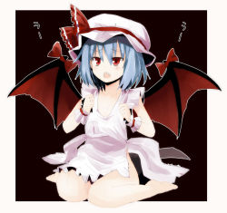 Rule 34 | 1girl, apron, bad id, bad pixiv id, barefoot, bat wings, blue hair, female focus, flat chest, full body, gotyou, hat, naked apron, red eyes, remilia scarlet, ribbon, solo, touhou, wings, wrist cuffs