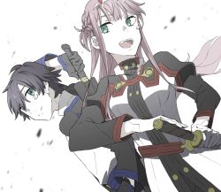 Rule 34 | 10s, 1boy, 1girl, alternate costume, asuna (sao), black gloves, black hair, blue eyes, breasts, commentary request, cosplay, couple, darling in the franxx, fangs, floating hair, gloves, green eyes, hair ornament, hairband, hetero, hiro (darling in the franxx), holding, holding sheath, holding sword, holding weapon, horns, kirito, leje39, long hair, long sleeves, medium breasts, military, military uniform, oni horns, pale skin, pink hair, red horns, sheath, sheathed, short hair, sword, sword art online, sword art online the movie: ordinal scale, sword behind back, uniform, weapon, white hairband, zero two (darling in the franxx)