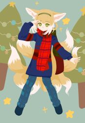 Rule 34 | 1girl, absurdres, alternate costume, animal ears, arknights, blonde hair, blue pants, blue shirt, blush, colored tips, fox ears, fox girl, fox tail, full body, green eyes, green hairband, hairband, highres, kitsune, kyuubi, long sleeves, looking at viewer, mou tui (moutui77338), multicolored hair, multiple tails, pants, parted lips, plaid, plaid scarf, puffy long sleeves, puffy sleeves, red scarf, scarf, shirt, solo, suzuran (arknights), tail, white hair