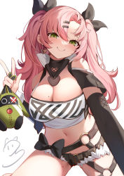 Rule 34 | 1girl, black bow, black ribbon, blouse, blush, bow, breasts, cleavage, closed mouth, cowboy shot, crop top, detached sleeves, earrings, green eyes, hair ornament, hair ribbon, hairclip, heart, heart earrings, highres, holding, holding stuffed toy, jewelry, large breasts, long hair, long sleeves, looking at viewer, micro shorts, midriff, mole, mole on breast, mole on thigh, mole under eye, nahaki, navel, nicole demara, o-ring, outstretched arm, pink hair, ribbon, shirt, shorts, simple background, smile, solo, stuffed toy, thick eyebrows, two side up, white background, white shirt, zenless zone zero