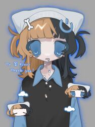 Rule 34 | 1girl, animal hat, black hair, black vest, blue eyes, blue shirt, bone hair ornament, chibi, chibi inset, cloud, collared shirt, commission, commissioner name, grey background, hair ornament, hat, highres, lightning bolt symbol, looking at viewer, medium hair, momose kikuka, multicolored hair, open mouth, orange hair, original, pill, power symbol, power symbol hair ornament, shirt, simple background, skeb commission, solo focus, split-color hair, straight-on, two-tone hair, two side up, upper body, vest, white headwear