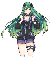Rule 34 | 1girl, adult neptune, blush, d-pad, fire emblem, fire emblem: path of radiance, green eyes, green hair, grey background, hair ornament, highres, hood, jacket, long hair, nephenee, neptune (series), nintendo, open mouth, simple background, solo, thigh strap, track jacket, very long hair