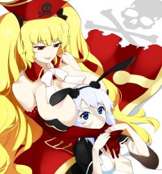 Rule 34 | 2girls, animal ears, anne bonny (fate), blonde hair, blue eyes, bow, breast pillow, breasts, rabbit ears, cleavage, cleavage cutout, clothing cutout, commentary request, detached collar, dress, elbow gloves, fate/grand order, fate (series), gloves, hair ribbon, hairband, hat, highres, hug, hug from behind, kneeling, large breasts, long hair, lying, mary read (fate), mattari yufi, multiple girls, on back, open mouth, pirate hat, red dress, red eyes, ribbon, scar, short sleeves, silver hair, skull and crossbones, small breasts, smile, twintails, white background