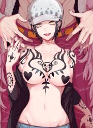 Rule 34 | 1boy, 1girl, abs, arm tattoo, black coat, black hair, breast tattoo, breasts, capri pants, coat, commentary request, denim, donquixote doflamingo, earrings, feather coat, genderswap, genderswap (mtf), hand tattoo, hat, heart pasties, height difference, hetero, jeans, jewelry, large breasts, looking at viewer, muscular, muscular male, nail polish, nashieda, navel, off shoulder, one piece, open clothes, open mouth, open shirt, pants, pasties, pink coat, red nails, shirt, short hair, shoulder tattoo, size difference, smile, tattoo, thread, trafalgar law, white shirt, yellow eyes